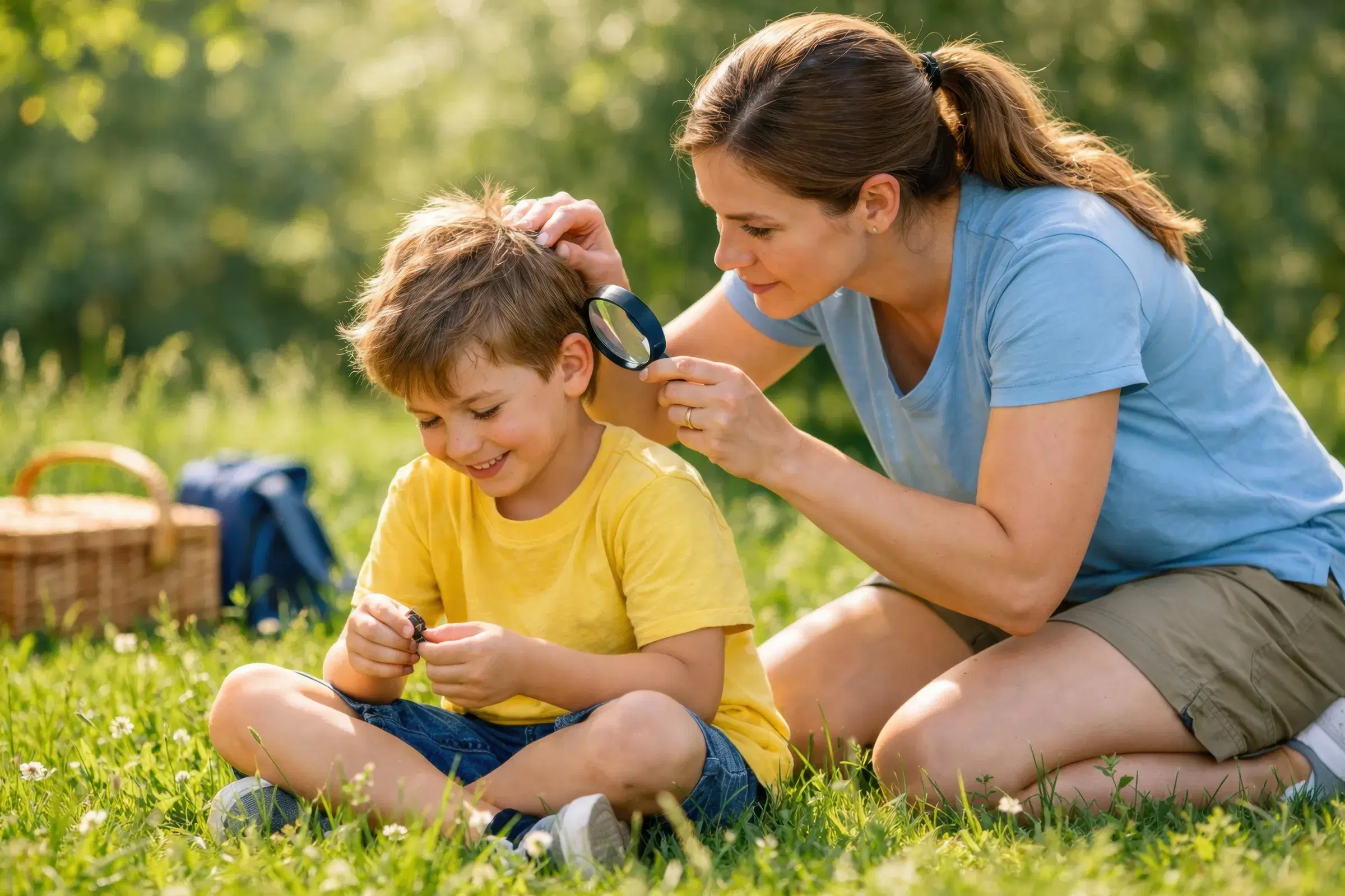 A mother examining her son's scalp with a magnifying glass in a summer meadow