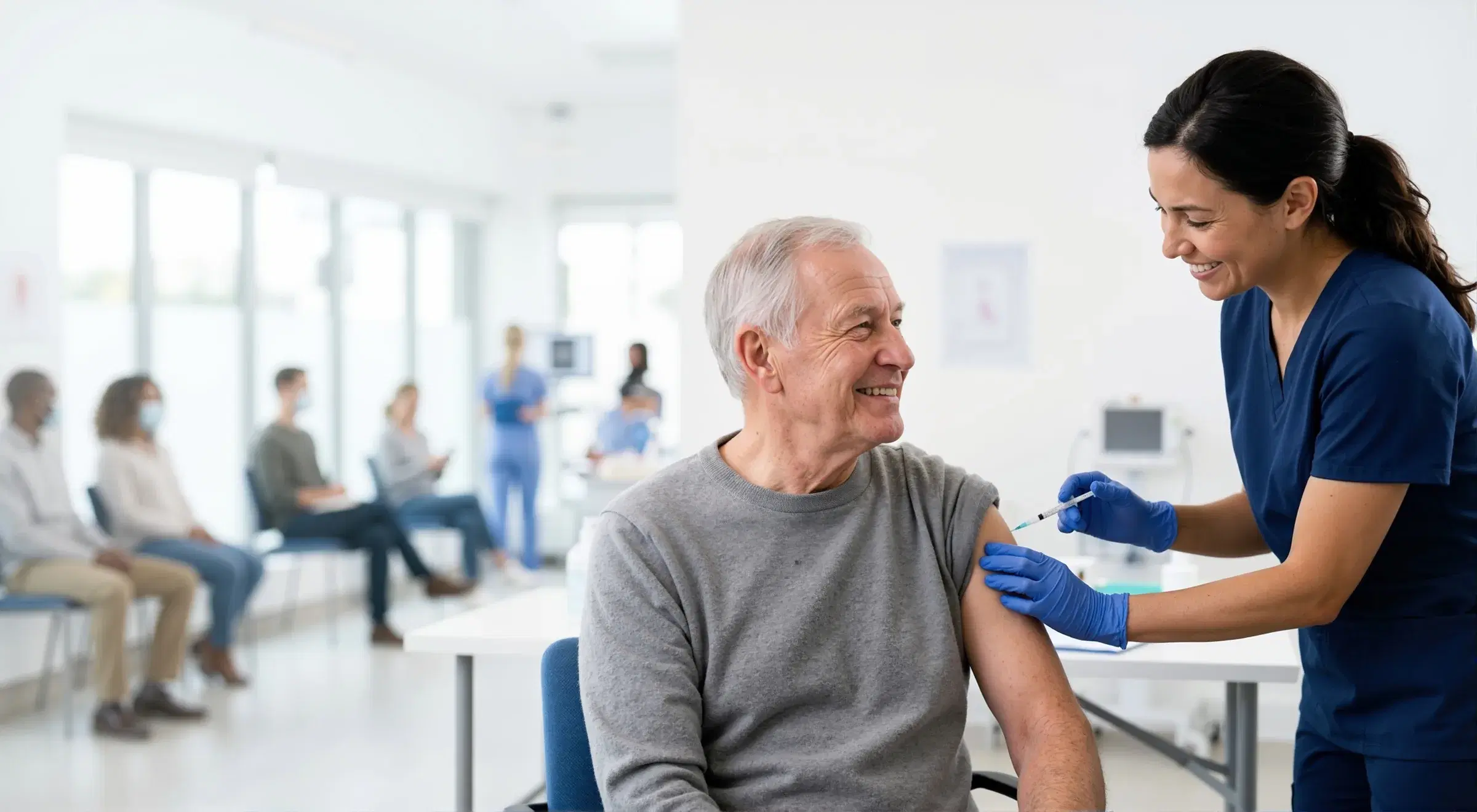 A nurse vaccinating an older man in a clinic waiting room