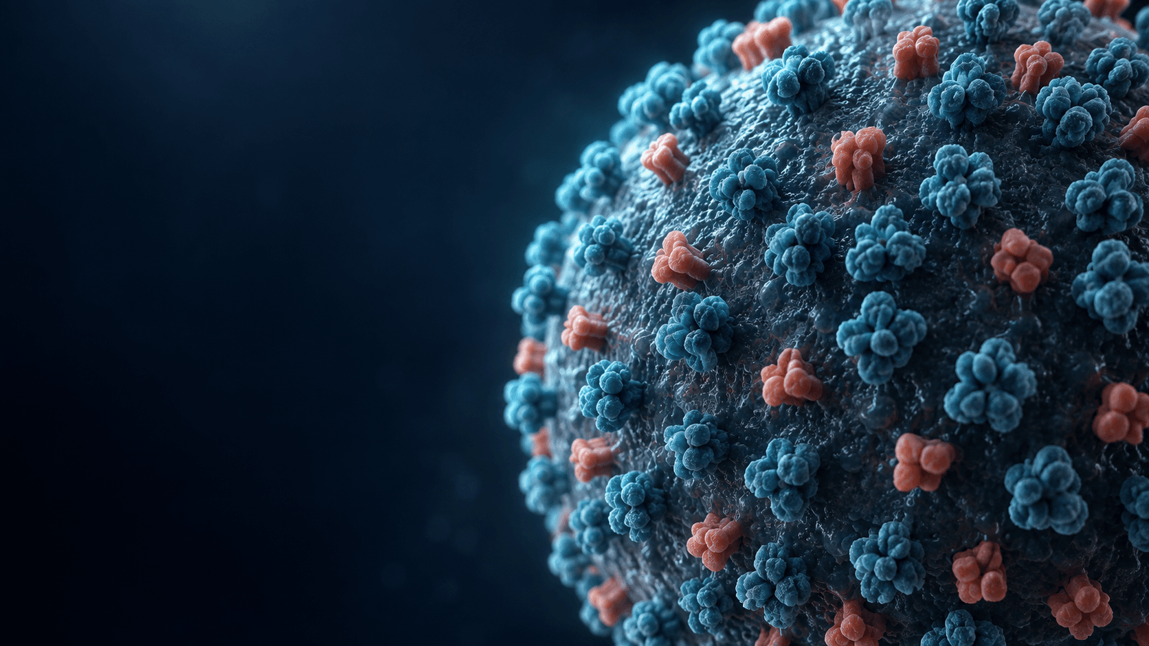 A 3D rendering of an influenza virus particle: a dark sphere studded with blue hemagglutinin and orange neuraminidase spikes, against a deep blue background.