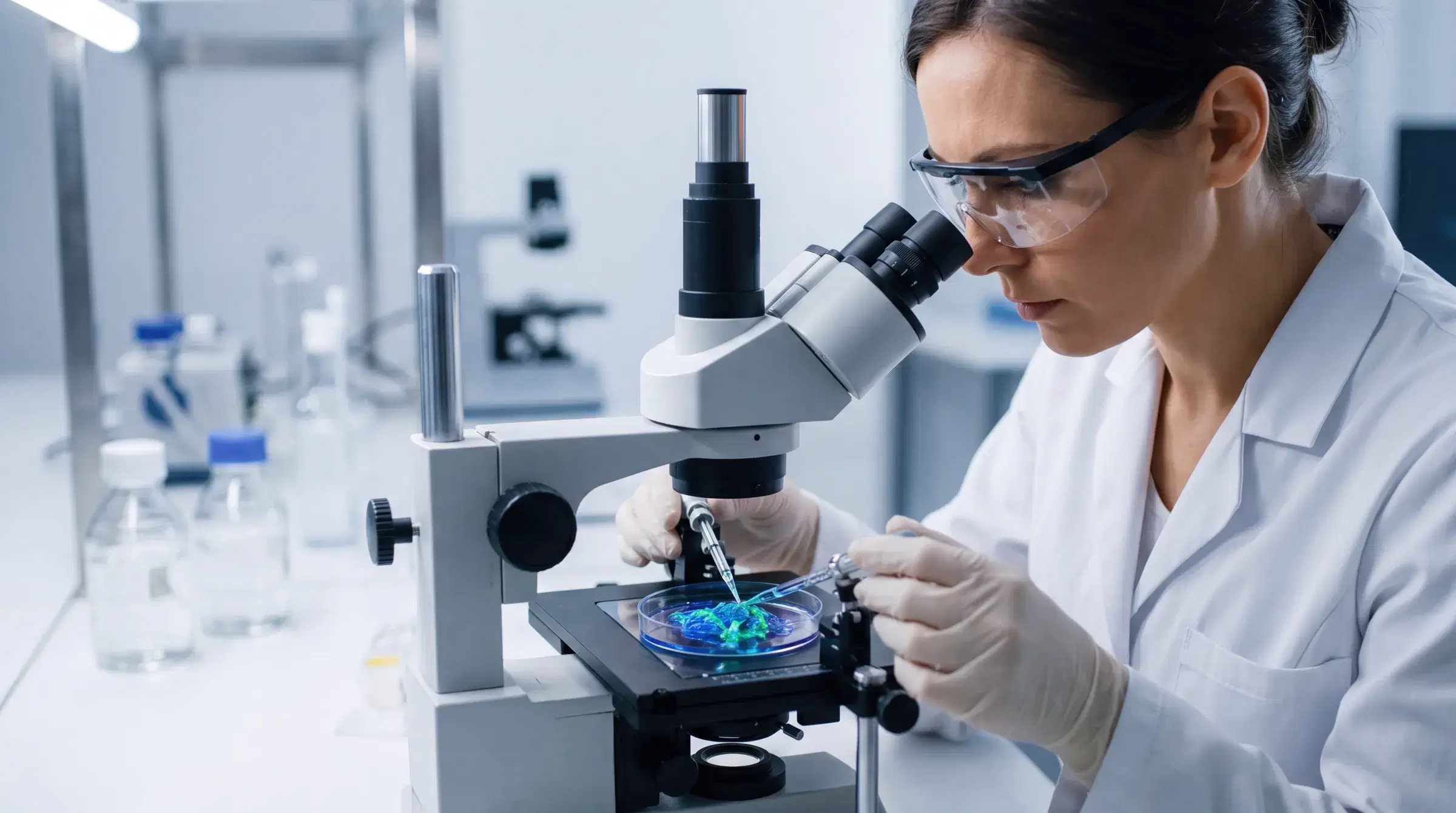 A researcher at a microscope, examining a culture plate in the laboratory.